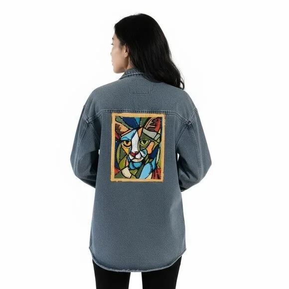 Hand Painted One Of A Kind, Bedazzled, Up-Cycled Denim Jacket Geometric Cat Face - Picture 5 of 11